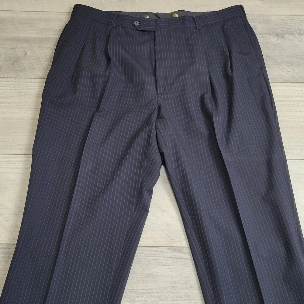 Vintage‎ Lands' End Suit Mens 42R Coat/38x29 Pants 100% Wool Blue w/Pinstripe